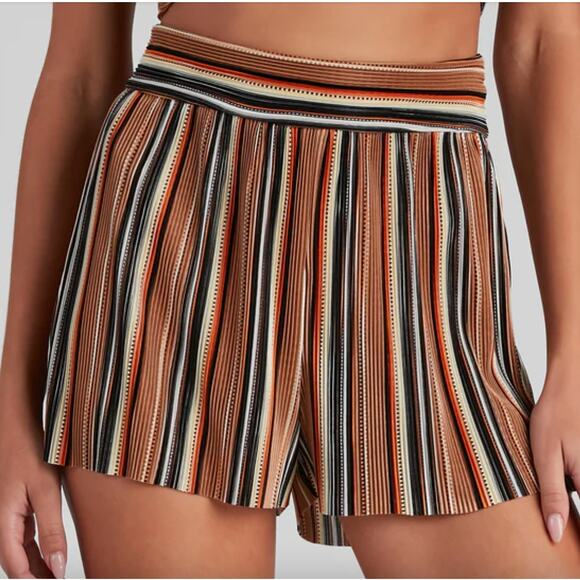 Windsor S Tan Multicolor Stripe Boho Pleated Pull On Raw Hem Flowy Shorts - Picture 2 of 7
